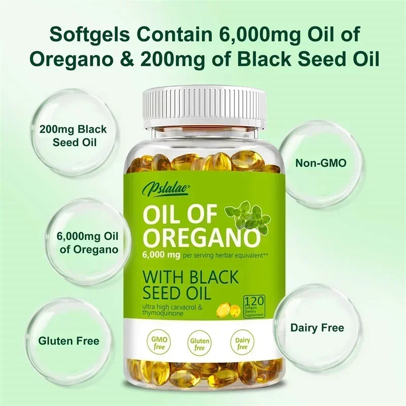 Oregano Oil Softgels with Black Seed Oil – 6,000mg Herbal Equivalent, Immune & Digestive Support – 120 Capsules