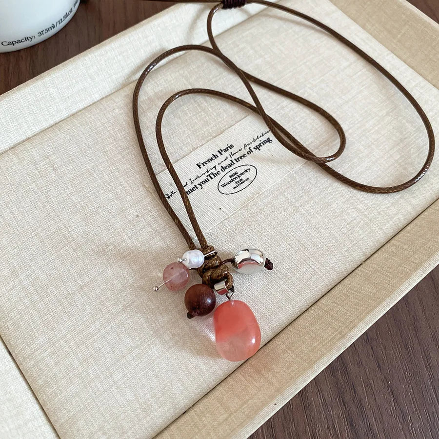 💛✨ Natural Spotted Tiger Eye Stone Necklace 🍇 | Vintage Water Droplet Grape Pendant 🌿 | Long Chain Necklace for Women Boho Accessories 💖