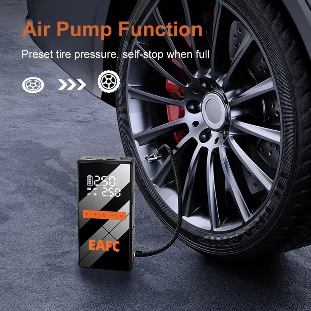 🚗⚡ 12V Car Jump Starter 4-in-1 – Wireless Tire Inflator Air Compressor, Power Bank & Fast Charging Portable Battery