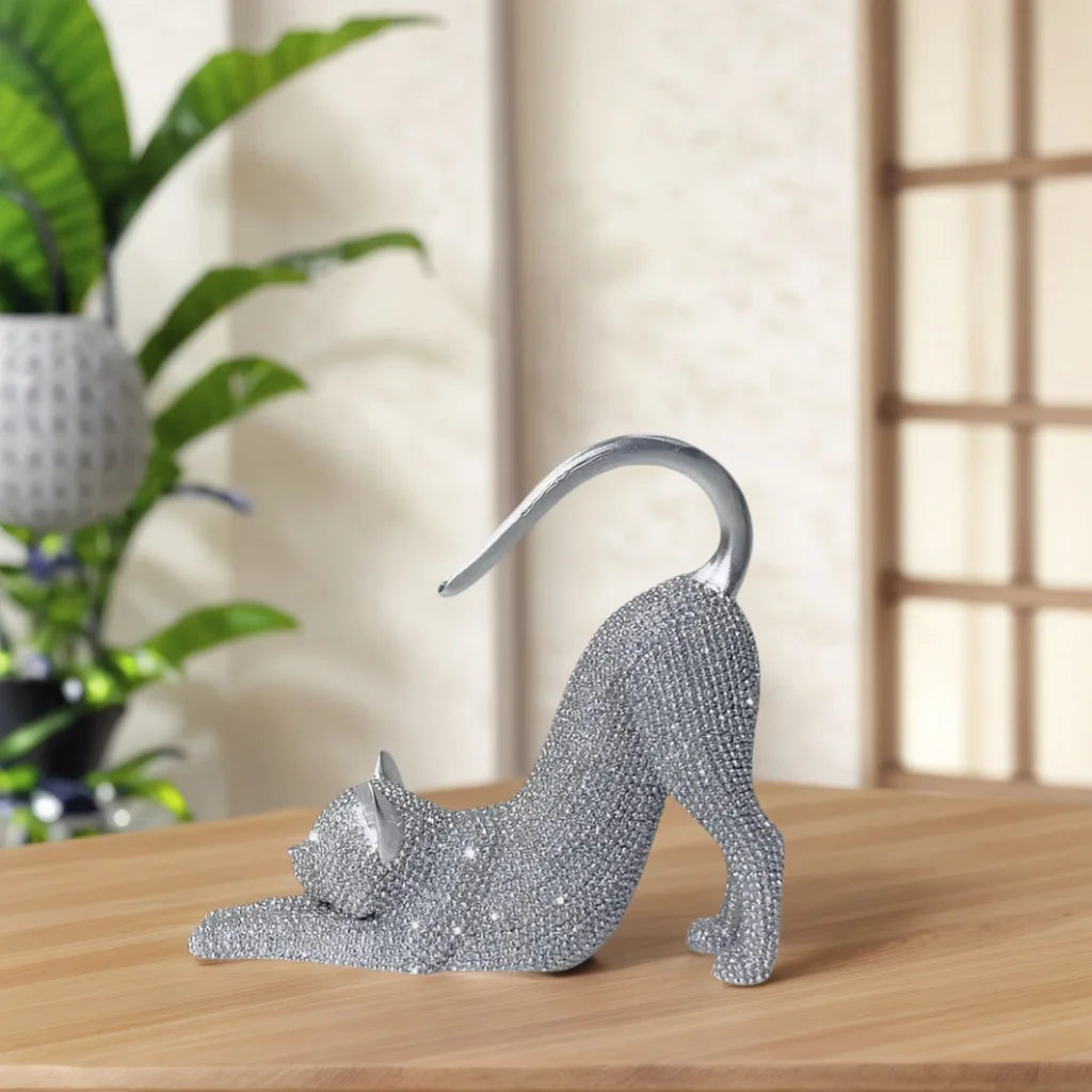 🐱✨ Lazy Cat Stretching Resin Figurine 💎 | Sparkling Crystal Desk Ornament 🏡 | Creative Cat Statue Home Decoration Gift for Cat Lovers 🎁