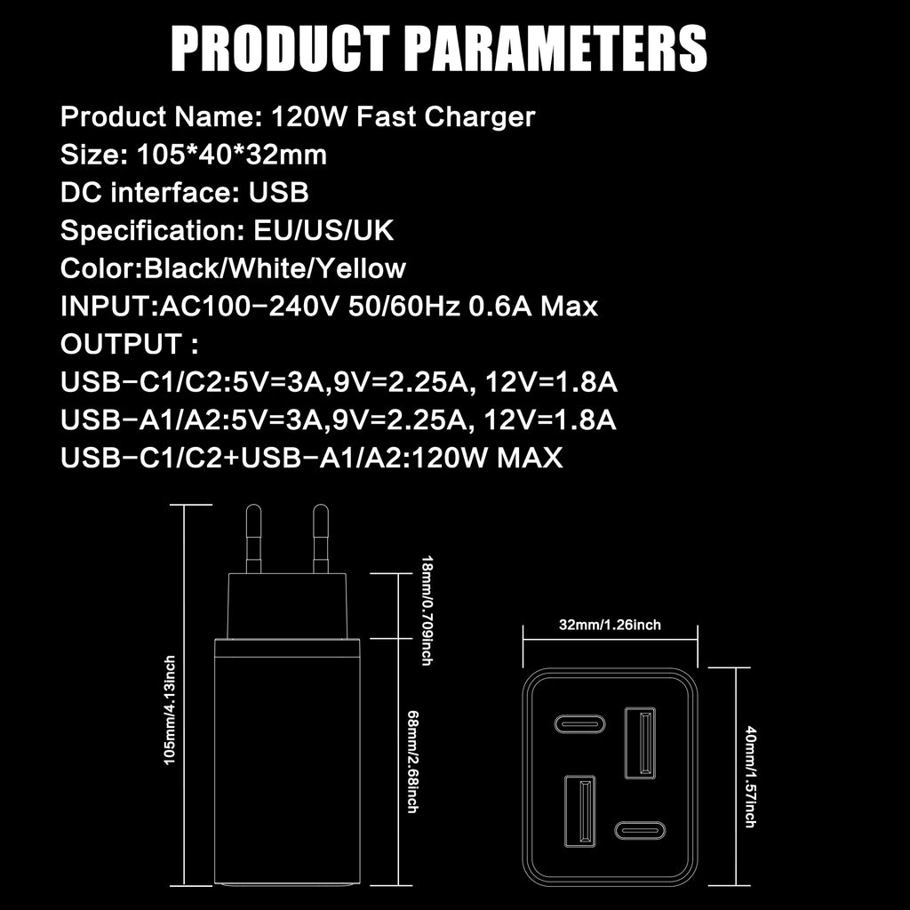 ⚡ 120W GaN 4-Port Fast Charger (2 USB-C PD + 2 USB-A QC 3.0) – Universal Travel Wall Adapter 🌍