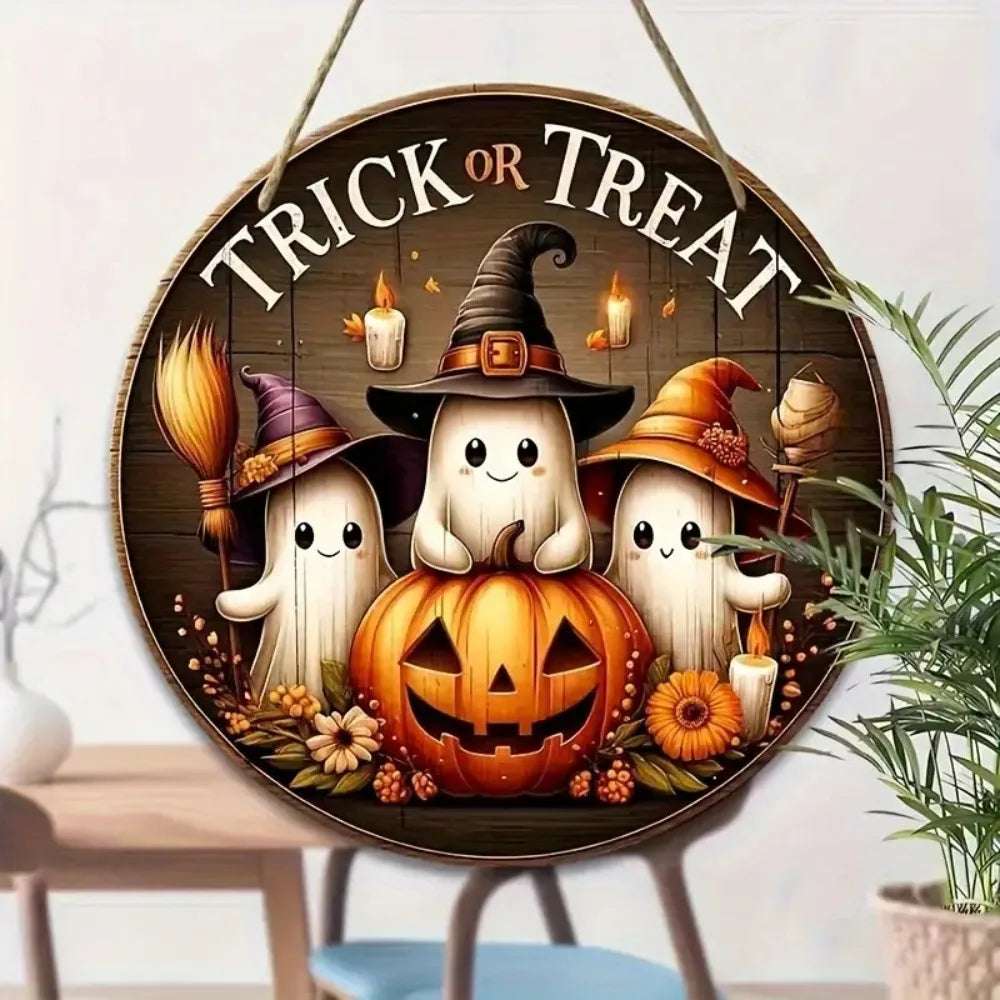 Halloween Wooden Round Sign – Ghost, Pumpkin & Witch Hat