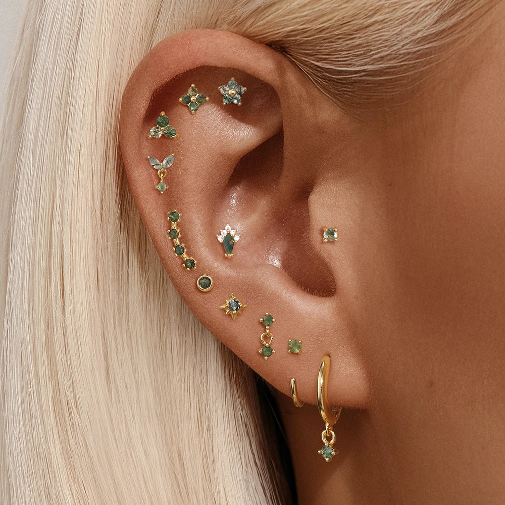 🌿✨ BOAKO 925 Sterling Silver Natural Moss Agate Pendant Piercing Earring 👑🌸 | Crown & Flower Design Elegant Daily Wear Jewelry for Women 💚