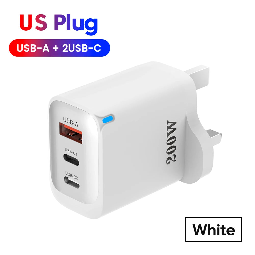 200W USB Type C Charger Quick Charge Portable Fast Charger 1U+2C Multi Port Charging Head