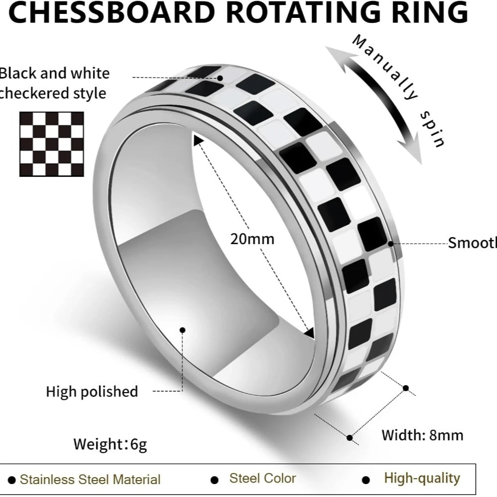 Stainless Steel Checkered Fidget Spinner Ring – Black & White Checkerboard | 18K Gold Plated Stress Relief Band (Unisex) ♟️💍✨