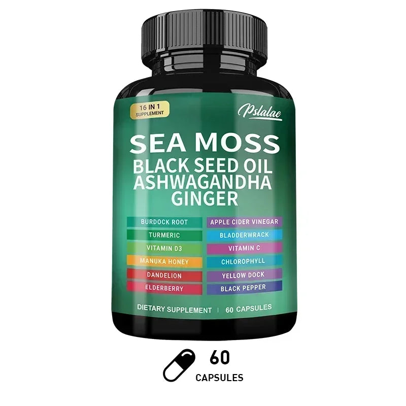 🌿 Sea Moss Supplement Capsules – Gut Health, Immunity Boost, Detox, Anti‑Aging, Antioxidant Support | Ashwagandha, Black Seed Oil, Ginger