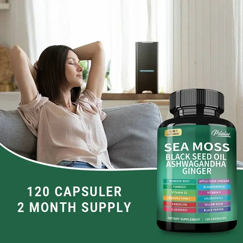 🌿 Sea Moss Supplement Capsules – Gut Health, Immunity Boost, Detox, Anti‑Aging, Antioxidant Support | Ashwagandha, Black Seed Oil, Ginger