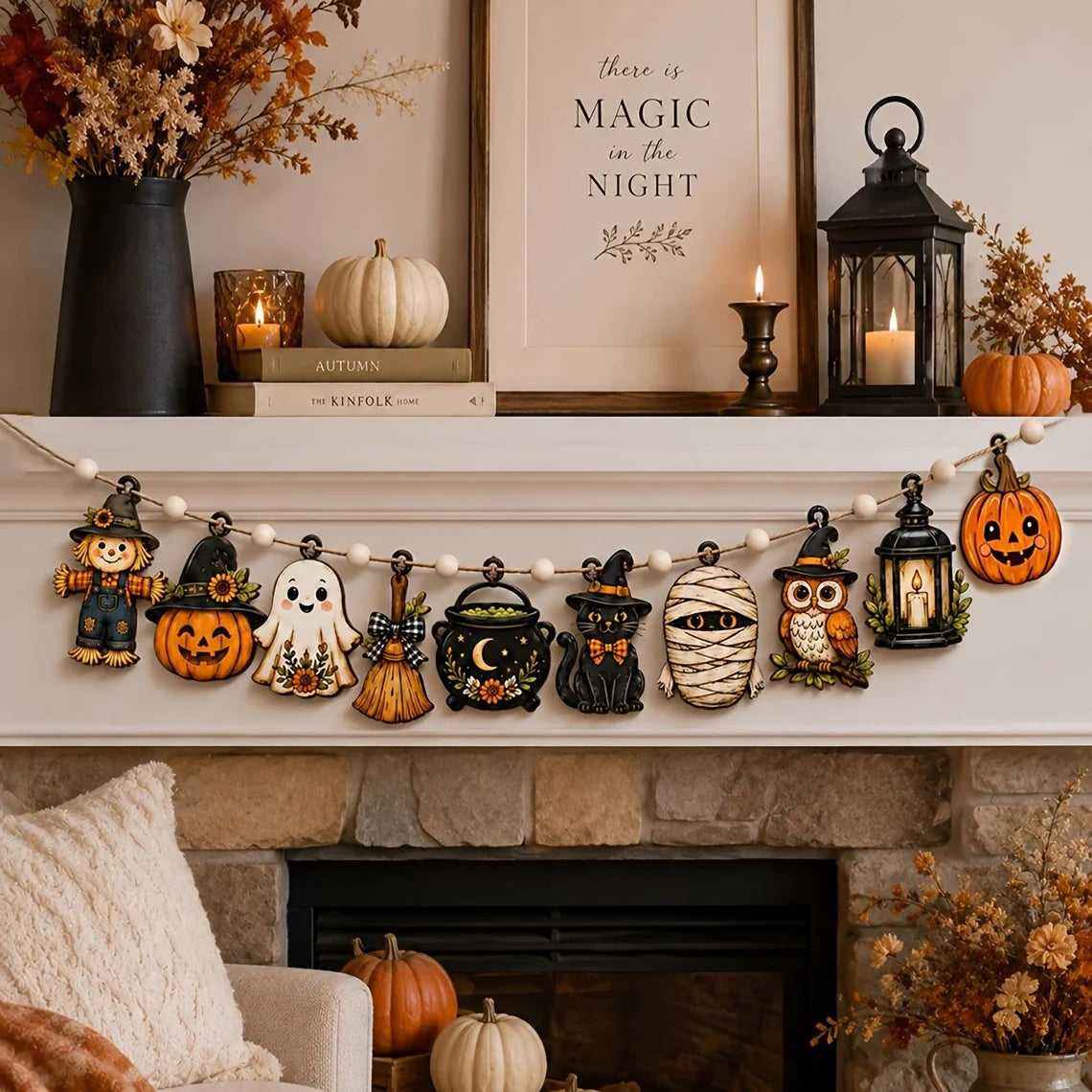 Vintage Halloween Wooden Banner – Pumpkin & Ghost Garland