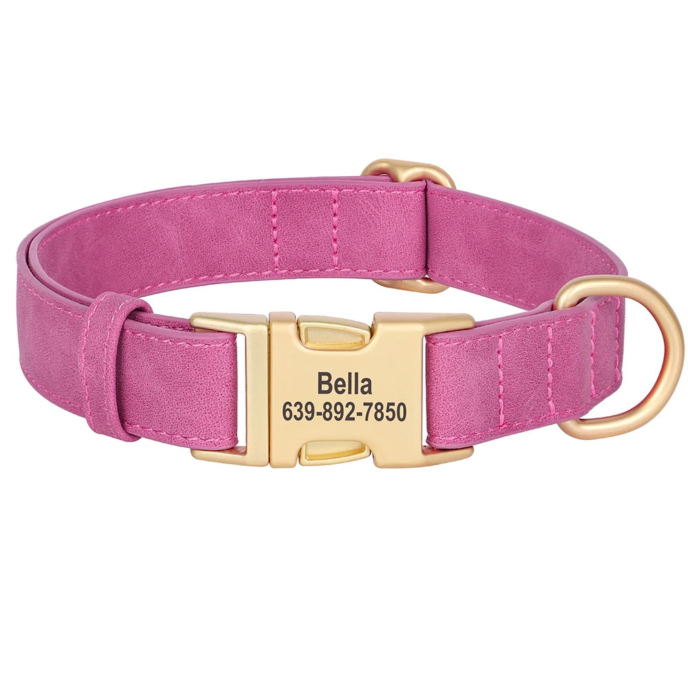 PU Leather Dog Collar with Free Custom Engraved Nameplate, Adjustable Anti‑Lost Buckle Collar for All Dog Sizes