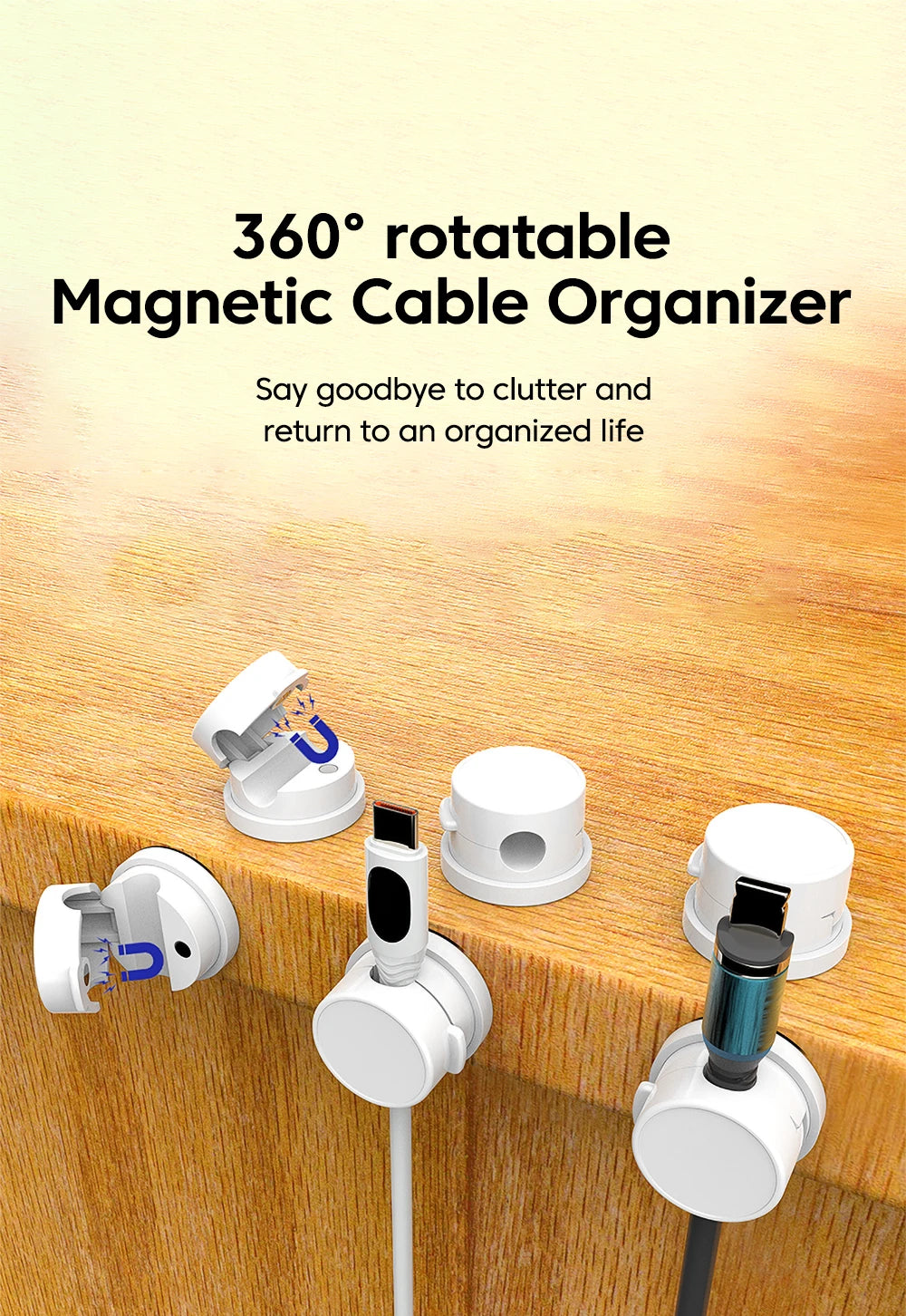 🧲🔄 360° Rotation Magnetic Cable Clip – Adhesive Wire Organizer