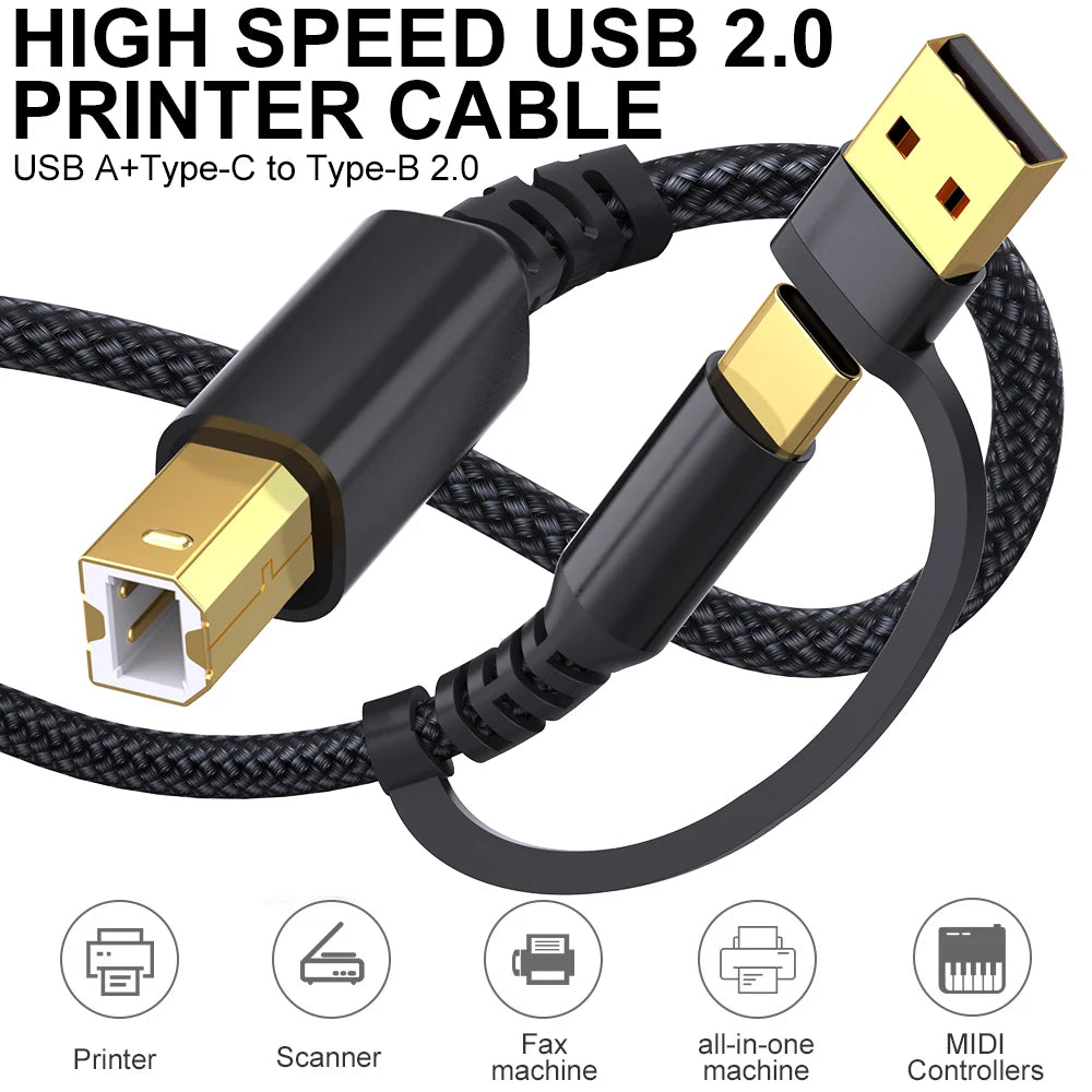 🔥 USB A & USB‑C to USB‑B 2.0 Printer Cable | Nylon Braided High‑Speed Cord for Yamaha/Casio Digital Piano, DJ Controllers, Printers & More