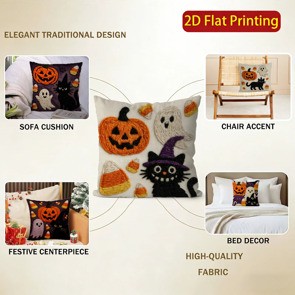 Halloween Pillow Cover – Pumpkin, Ghost & Cat