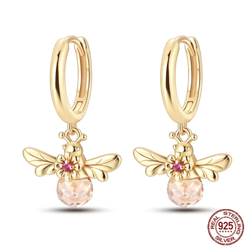 🌙⭐🐝 925 Sterling Silver Star Moon Bee Pendant Earrings ✨ | Gold-Tone Sparkling Zircon Luxury Earrings for Women 💎 | Wedding & Engagement Jewelry Gift 👰