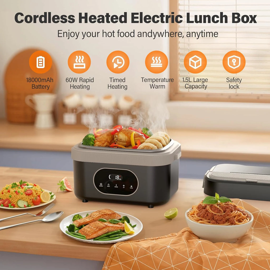 🔥🍱 Gison 1.5L Electric Heated Lunch Box for Adults | 60W Portable Food Warmer ⚡ | 18000mAh Display Lunch Heater for Work, Car & Home