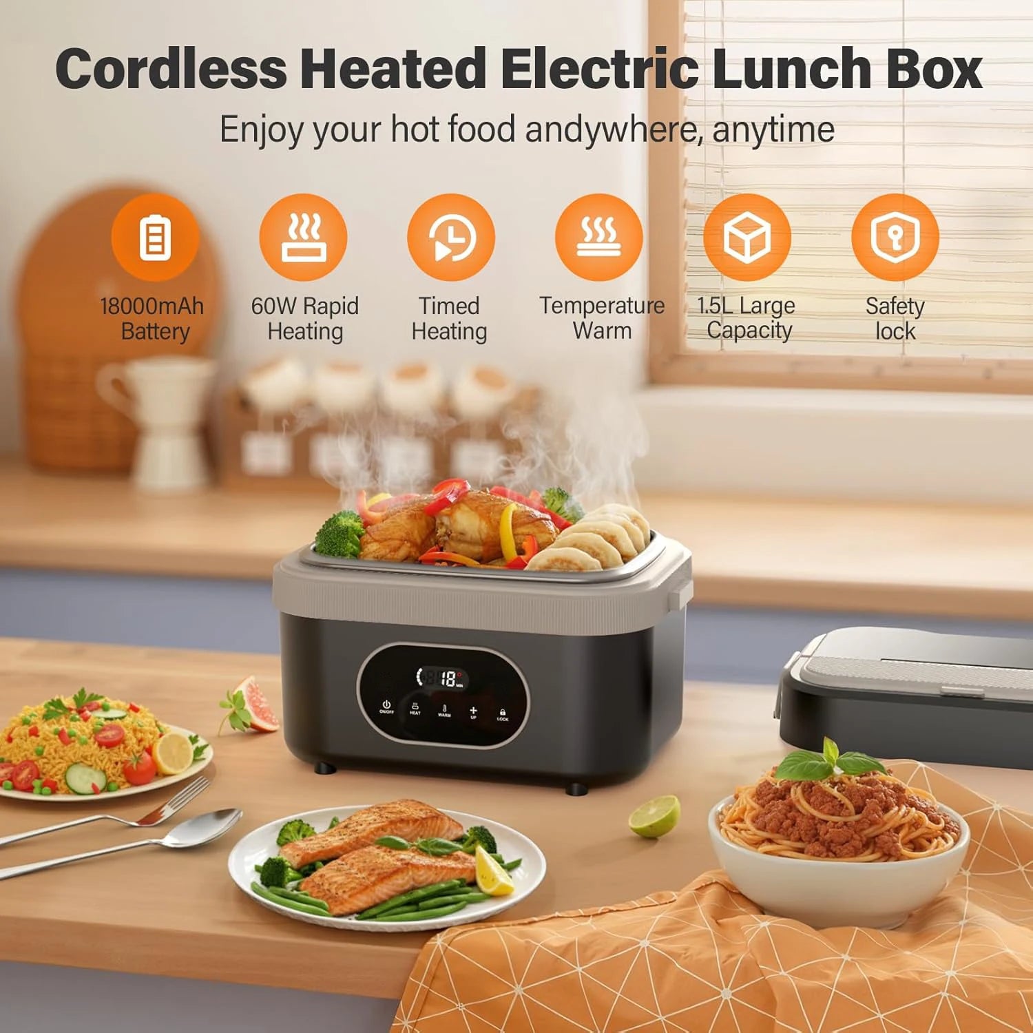 🔥🍱 Gison 1.5L Electric Heated Lunch Box for Adults | 60W Portable Food Warmer ⚡ | 18000mAh Display Lunch Heater for Work, Car & Home