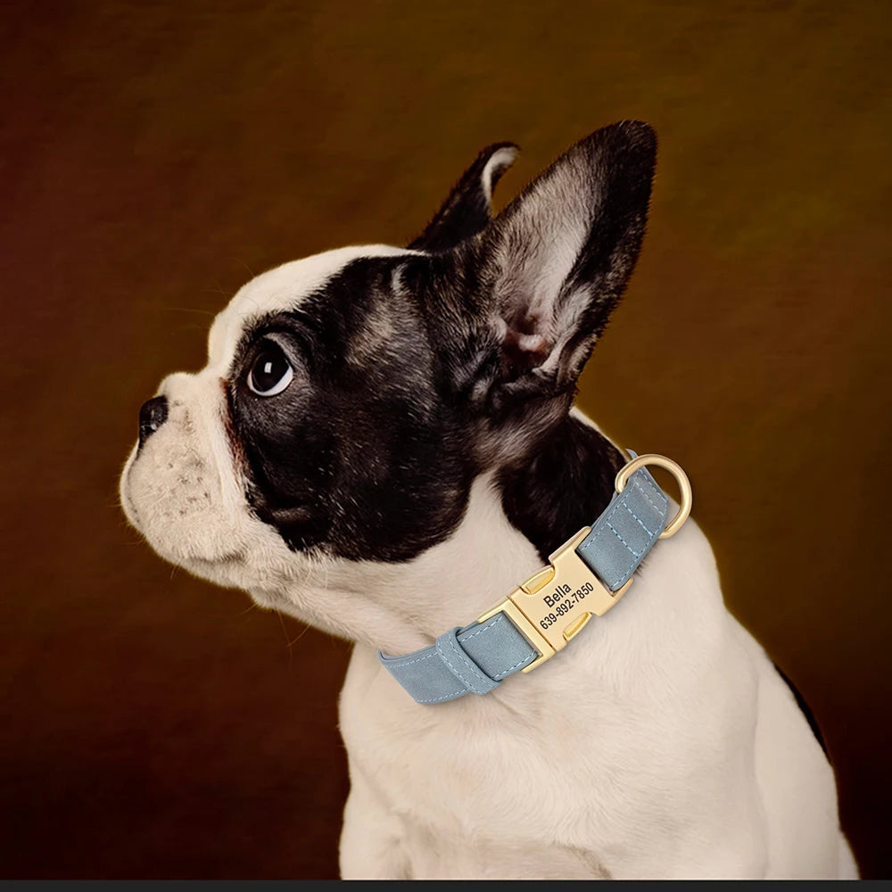 PU Leather Dog Collar with Free Custom Engraved Nameplate, Adjustable Anti‑Lost Buckle Collar for All Dog Sizes