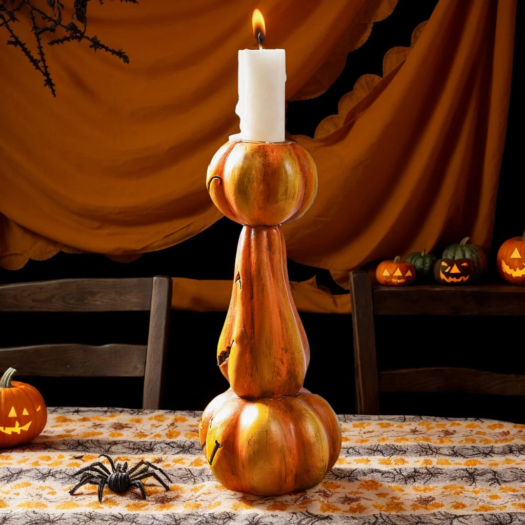 Retro Pumpkin Candlestick – Halloween Resin Décor