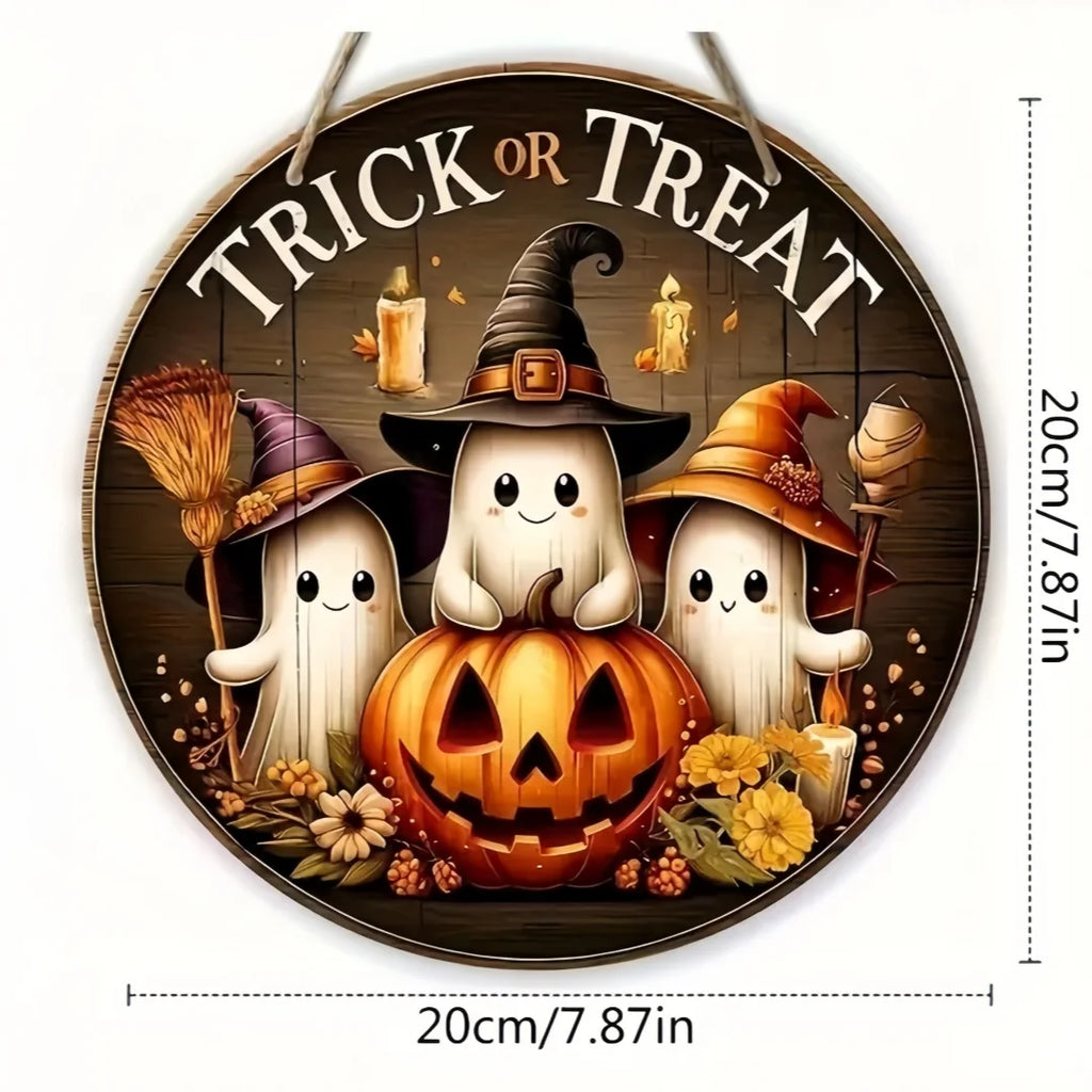 Halloween Wooden Round Sign – Ghost, Pumpkin & Witch Hat
