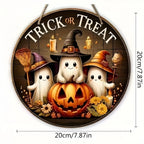 Halloween Wooden Round Sign – Ghost, Pumpkin & Witch Hat