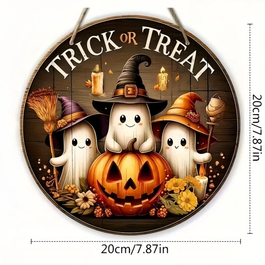 Halloween Wooden Round Sign – Ghost, Pumpkin & Witch Hat