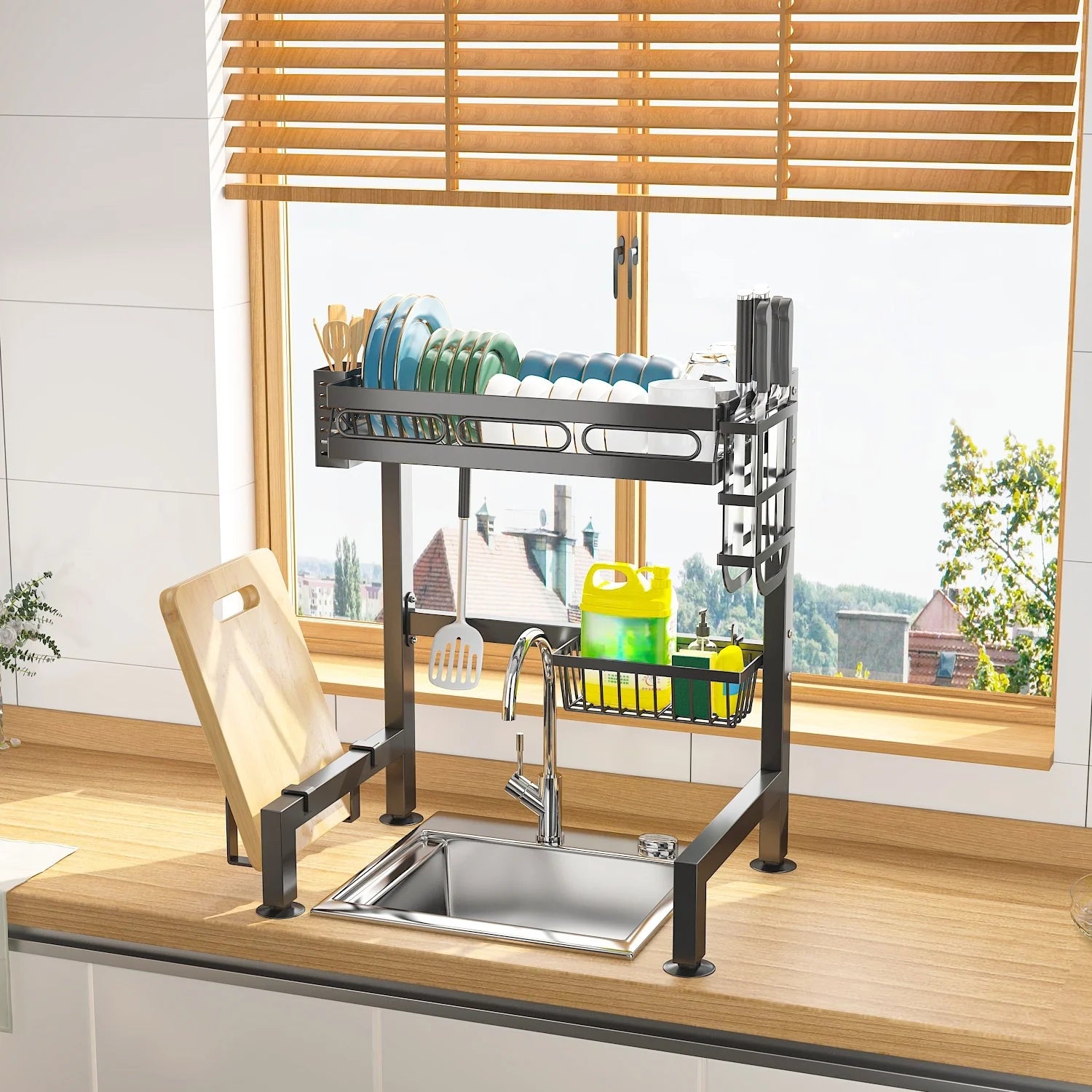 🍽️✨ Over-the-Sink Dish Drying Rack | Kitchen Storage Organizer with Utensil Holder, Sponge Holder & Hooks 🧽 | Space-Saving Sink Rack