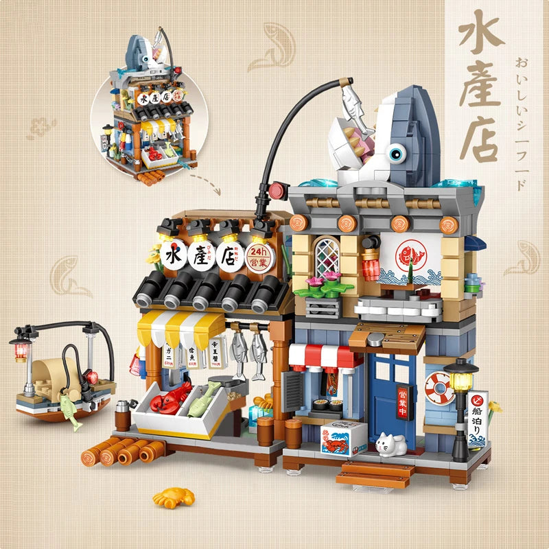 🍋🍜 Creative Mini Building Blocks – Snack Bar, Sea Fish Food House & Lemon Tea Shop DIY Puzzle Toy for Kids & Girls