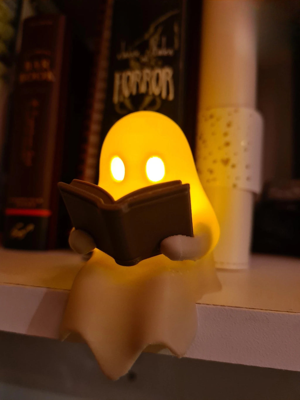 Halloween Ghost Reading Ornament – Spooky Shelf Décor
