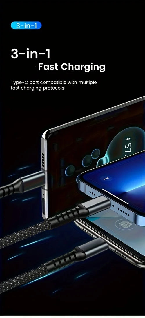 100W 3-in-1 MFi Transparent Fast Charging Cable with LED Pilot Lamp