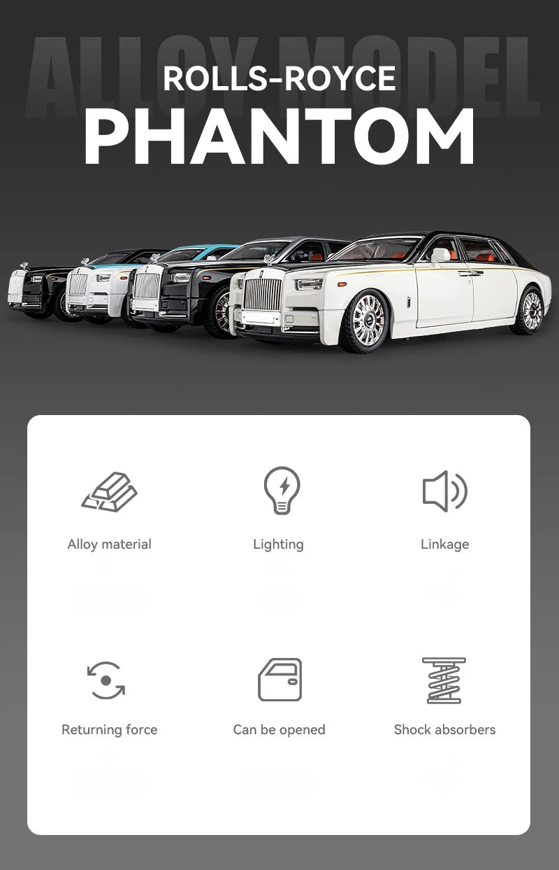 1:18 Rolls-Royce Phantom Model Car, Zinc Alloy Pull Back Toy Diecast Car with Sound and Light, Realistic Modeling Model Toy