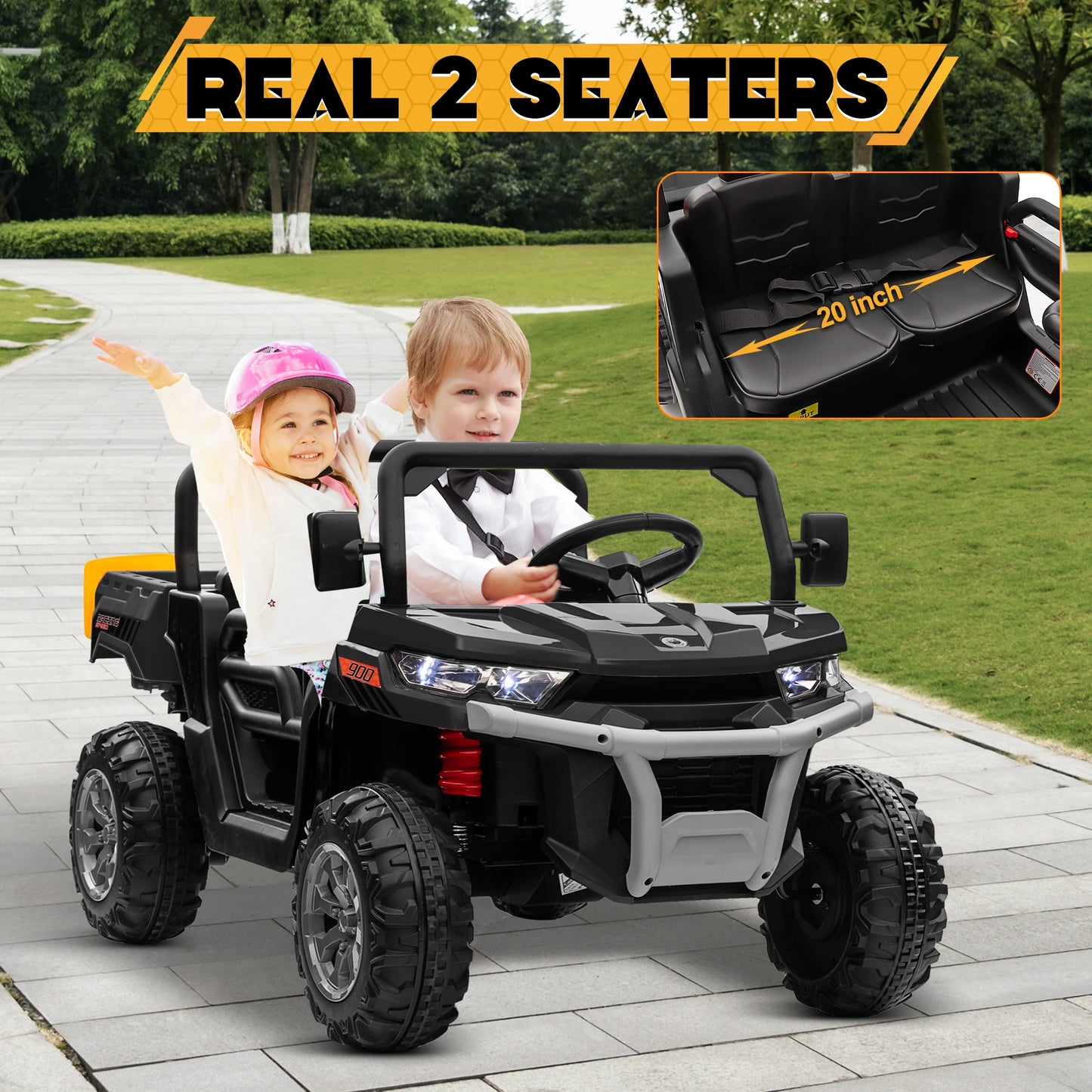 🚜⚡ 24V 2-Seater Ride-On Dump Truck – Kids UTV Electric Car with 2.4G Remote, 4-Wheeler, Bluetooth Music & LED Lights