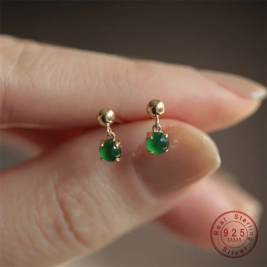 ✨💚 925 Sterling Silver 14K Gold Plated Vintage Green Bead Pendant Earrings 💎 | Elegant Party & Wedding Silver Earrings for Women 👰