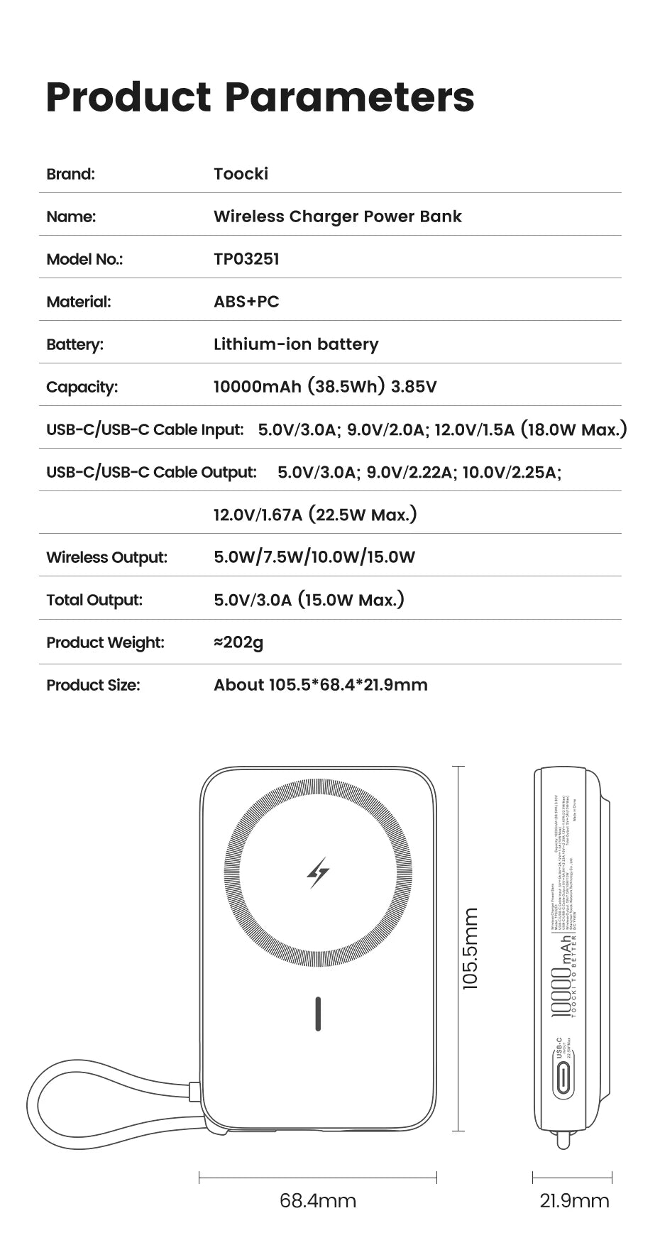 Toocki 10000mAh Magnetic Wireless Power Bank – 15W / 22.5W PD Fast Charge
