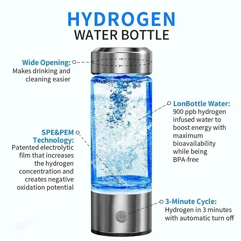 Hydrogen-Rich Water Cup Electric Hydrogen Rich Water Generator Bottle Titanium Quality Filter Portable Antioxidant Lonizer 14.2 Fluid Ounces (420ml)