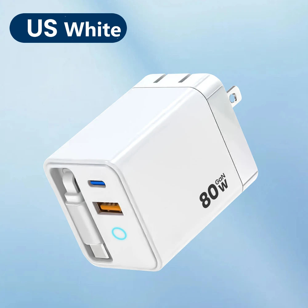 ⚡ 80W USB-C PD Fast Charger with Retractable Cable 🔄 | 100–240V Travel Wall Adapter for iPhone 16, MacBook, Samsung & Pixel 💻📱