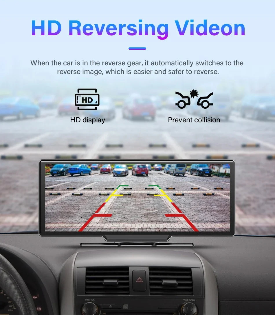 10.26" 4K Dash Cam Mirror with Wireless CarPlay & Android Auto, GPS, Rear Camera, 1600x600 IPS Touchscreen, Voice Control, Parking Monitor