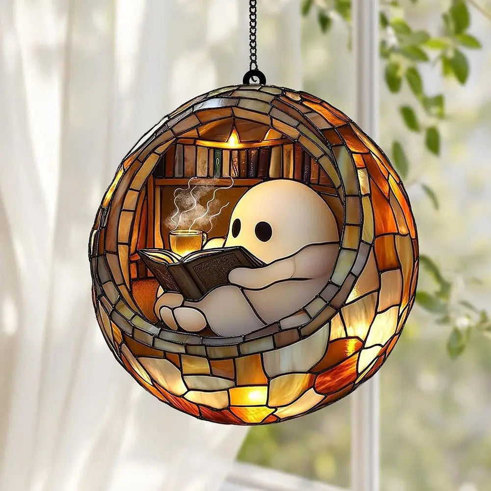Halloween Ghost Reading Acrylic Ornament – Colorful Window Décor