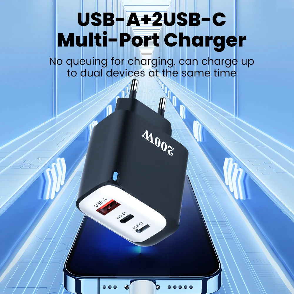 200W USB Type C Charger Quick Charge Portable Fast Charger 1U+2C Multi Port Charging Head