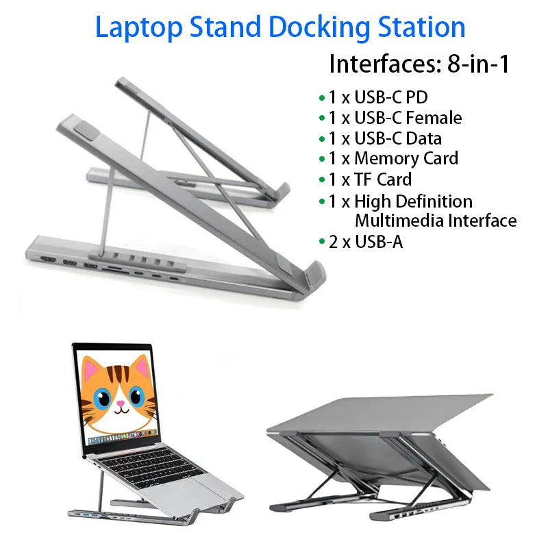 💻🔗 8-in-1 Laptop Stand Docking Station – Aluminum Foldable USB-C Hub