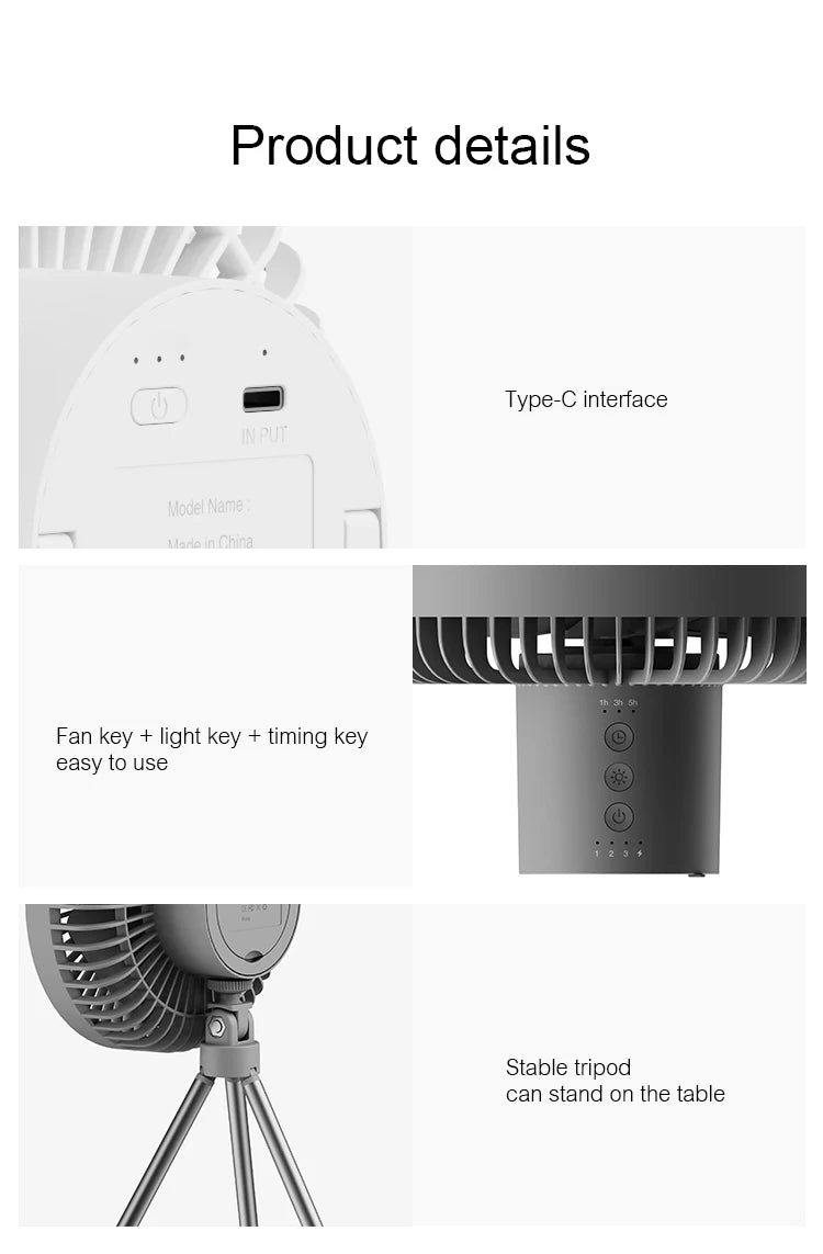 🌬️🔋 Rechargeable Camping Fan 4000mAh / 10000mAh – LED Light & Power Bank