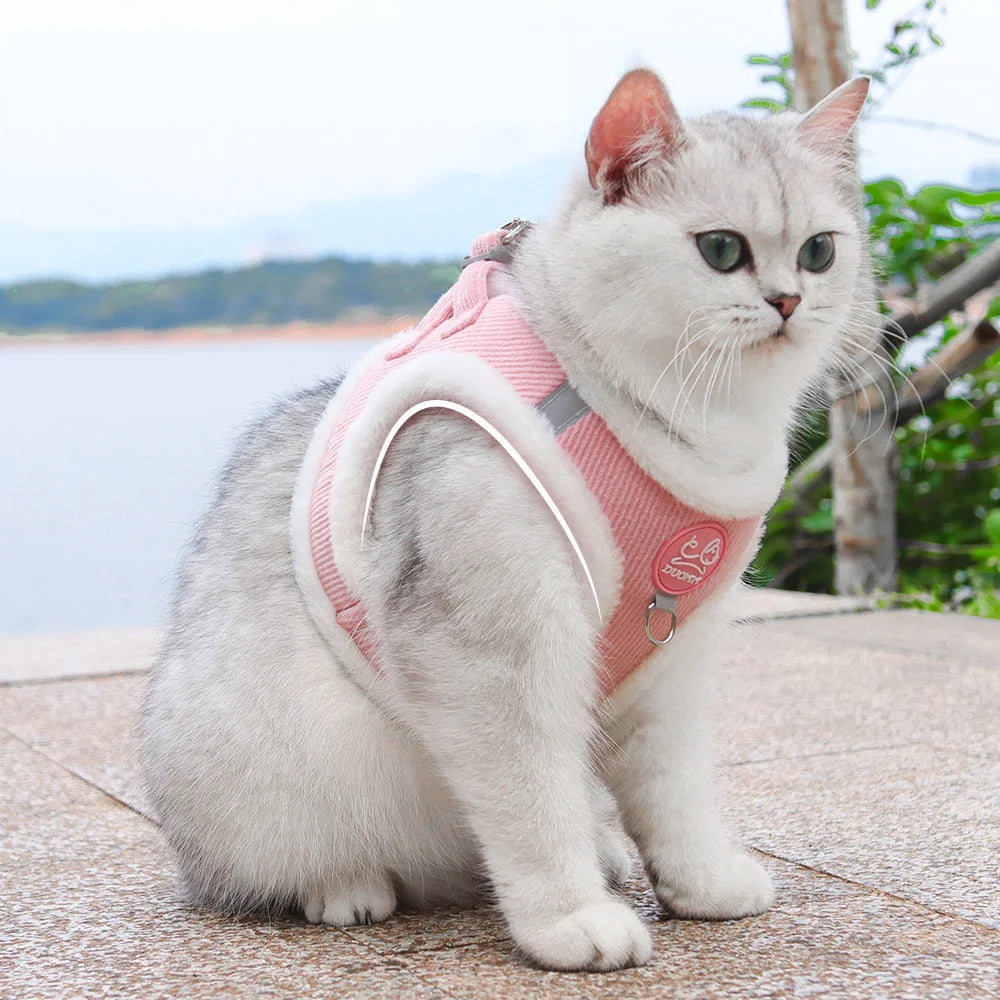❄️🐾 Rabbit Fur Winter Cat & Dog Harness with Leash – Reflective Adjustable Set