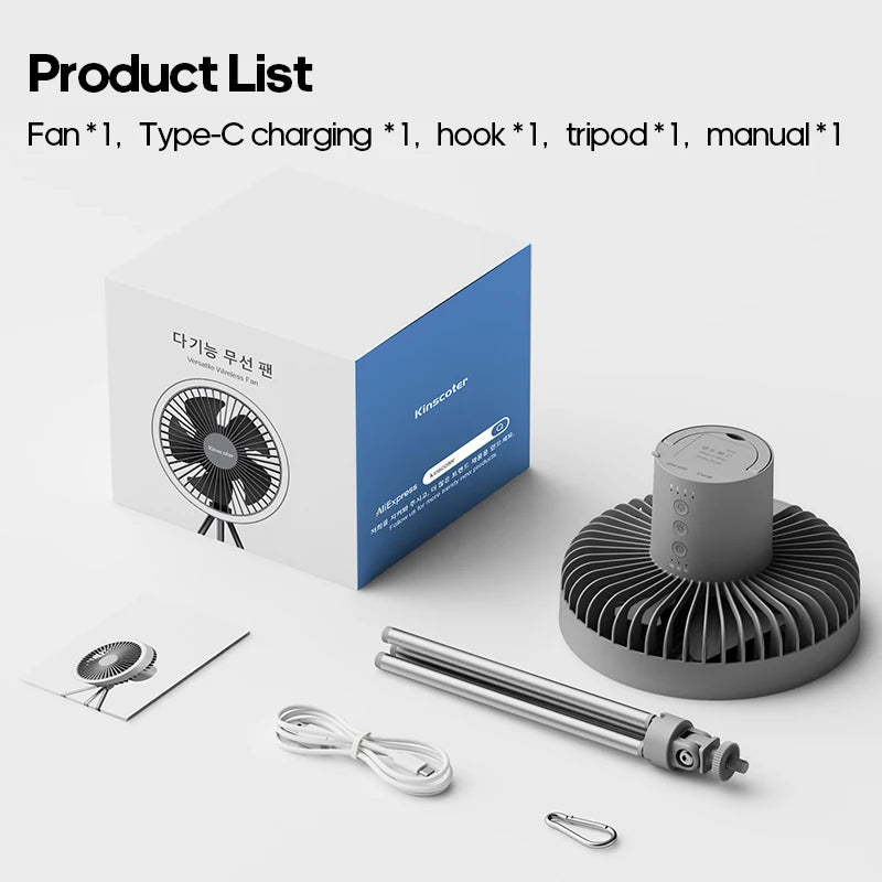 🌬️🔋 Rechargeable Camping Fan 4000mAh / 10000mAh – LED Light & Power Bank