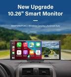 10.26" 4K Dash Cam Mirror with Wireless CarPlay & Android Auto, GPS, Rear Camera, 1600x600 IPS Touchscreen, Voice Control, Parking Monitor