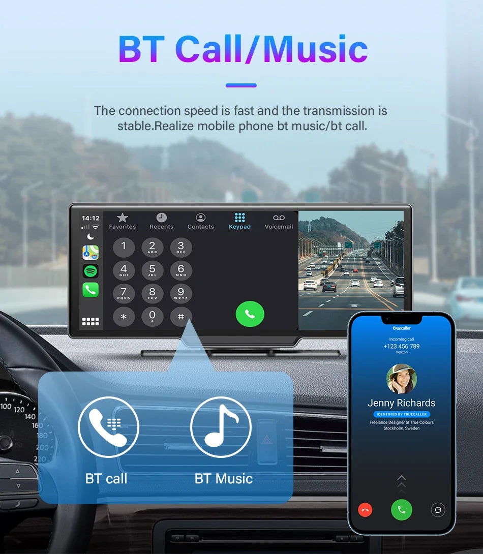10.26" 4K Dash Cam Mirror with Wireless CarPlay & Android Auto, GPS, Rear Camera, 1600x600 IPS Touchscreen, Voice Control, Parking Monitor