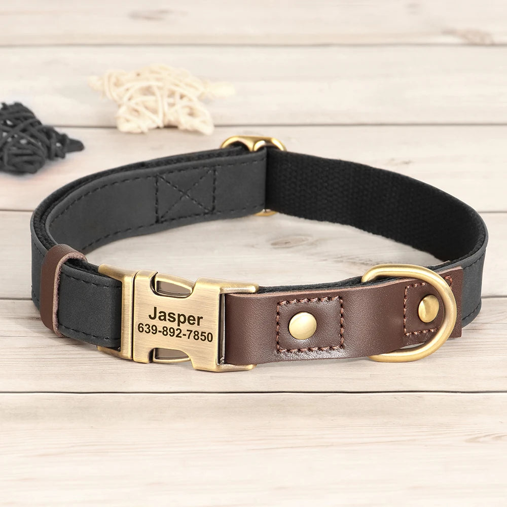 🐾 Customized Dog Collar | Durable PU Leather + Nylon | Engraved Pet ID Necklace 🐶 | Adjustable Metal Buckle for Small, Medium & Large Dogs (Pug, Pitbull, Chihuahua, Terrier) ✨