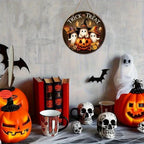 Halloween Wooden Round Sign – Ghost, Pumpkin & Witch Hat