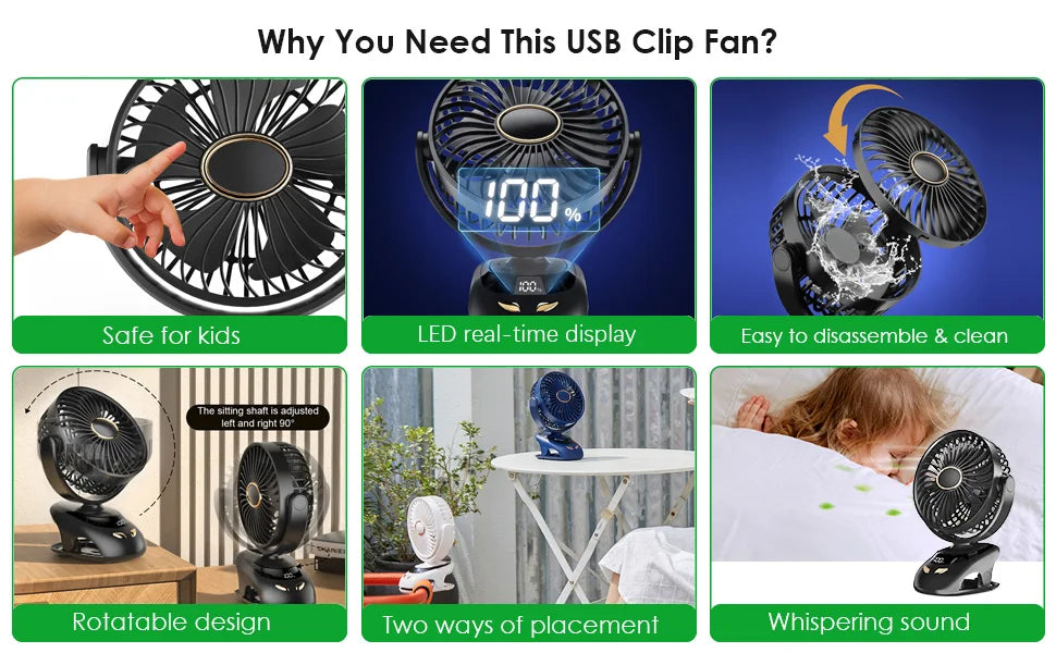 🌬️📎 Portable USB Clip-On Fan – Small Personal Desk Cooling