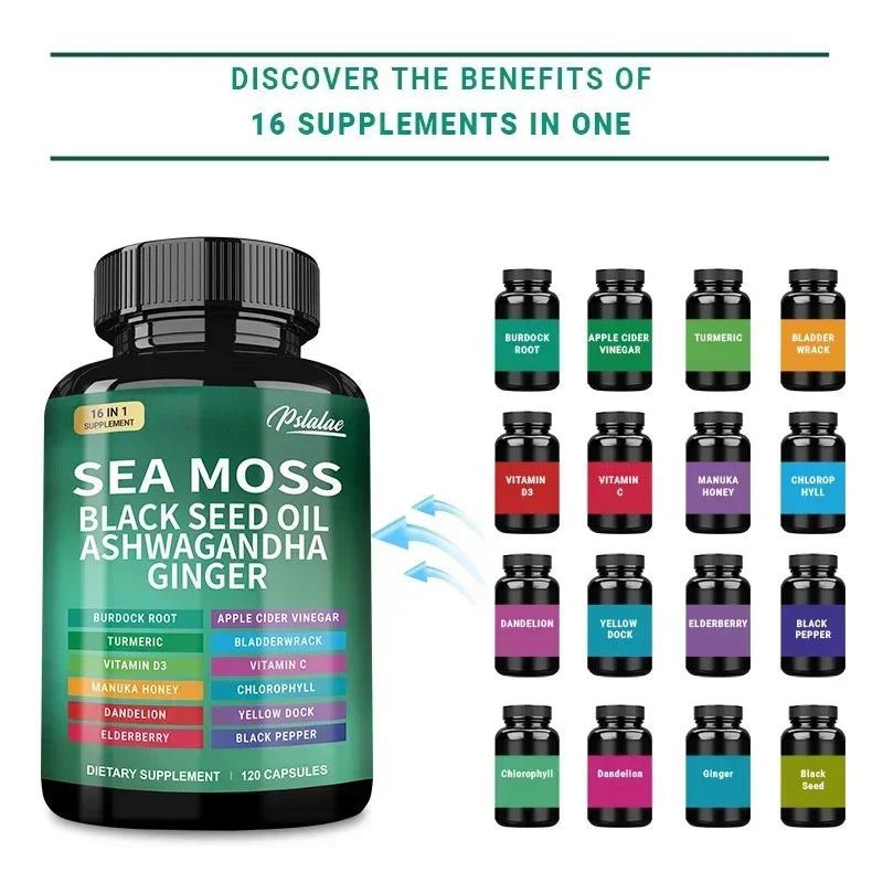 🌿 Sea Moss Supplement Capsules – Gut Health, Immunity Boost, Detox, Anti‑Aging, Antioxidant Support | Ashwagandha, Black Seed Oil, Ginger