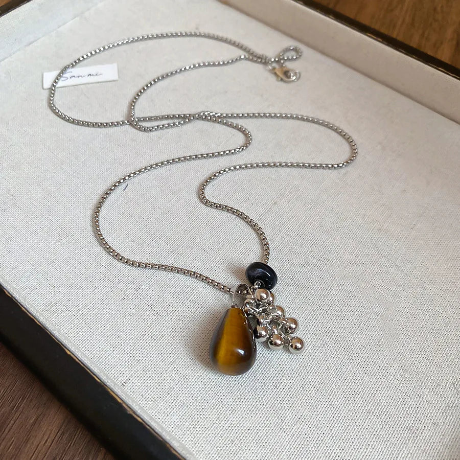 💛✨ Natural Spotted Tiger Eye Stone Necklace 🍇 | Vintage Water Droplet Grape Pendant 🌿 | Long Chain Necklace for Women Boho Accessories 💖