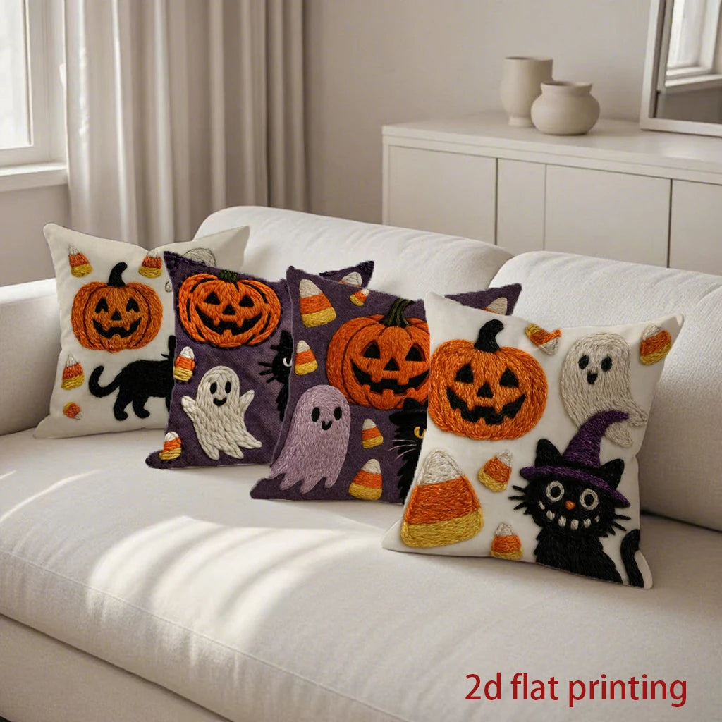 Halloween Pillow Cover – Pumpkin, Ghost & Cat