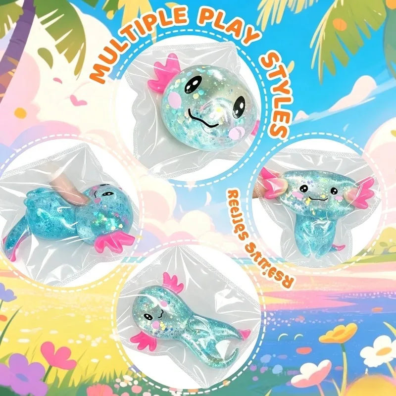 Glitter Axolotl Squishy Toy – Colorful Kawaii TPR Fidget Toy